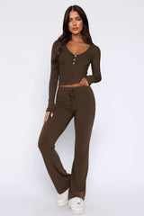 Ribbed knit pajama set with V-neck top and flared pants - View 10 | TEVQA
