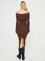 Phylis Chocolate Ribbed Off-Shoulder Knit Maxi Dress - Long Sleeve Bodycon Sweater Gown - TEVQA