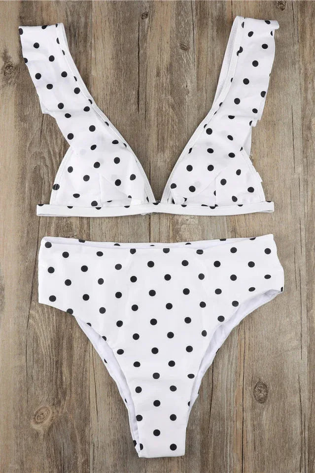 High Waist Polka Dot Bikini with Ruffle Trim - View 10 | TEVQA
