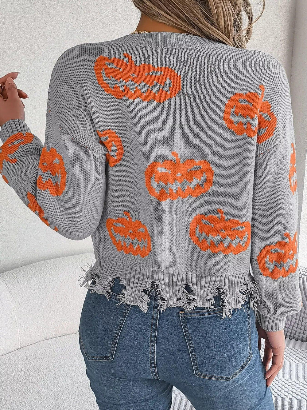 Distressed Pumpkin Knit Sweater - View 12 | TEVQA