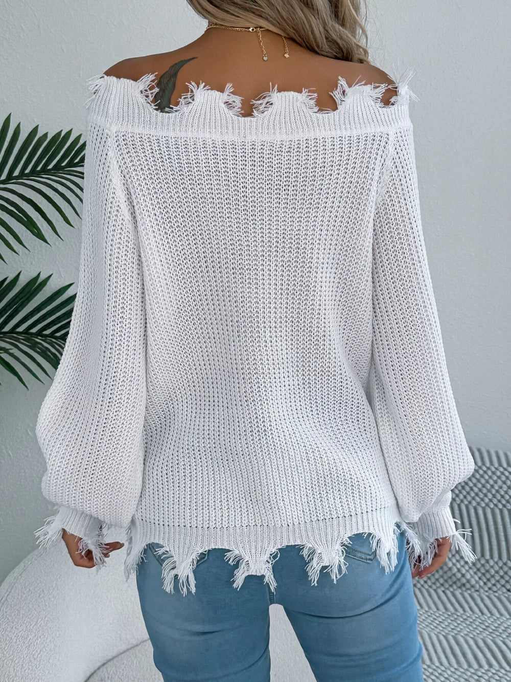Distressed Off-Shoulder Knit Sweater - View 14 | TEVQA