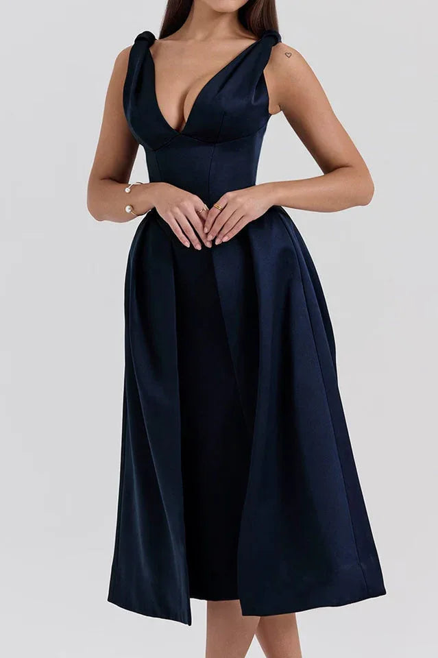 Fitted Satin Midi Dress with V-Neckline - View 11 | TEVQA