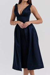 Fitted Satin Midi Dress with V-Neckline - View 11 | TEVQA