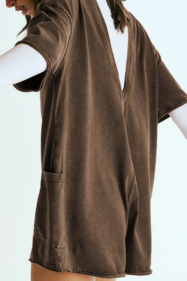Oversized Crew Neck Romper with Open Back - View 35 | TEVQA