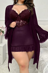 Plus Size Plum Mesh Robe & Lace Chemise Set, 2-Piece Peignoir Sleepwear - Sexy Lingerie