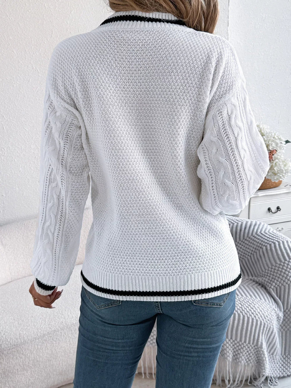 Cable Knit V-Neck Sweater - View 14 | TEVQA