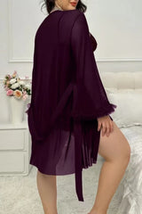 Plus Size Plum Mesh Robe & Lace Chemise Set, 2-Piece Peignoir Sleepwear - Sexy Lingerie