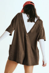 Oversized Crew Neck Romper with Open Back - View 36 | TEVQA