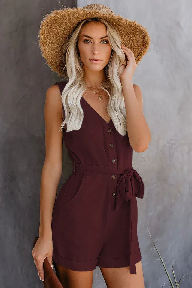 Front Tie Knot Solid Romper - TEVQA
