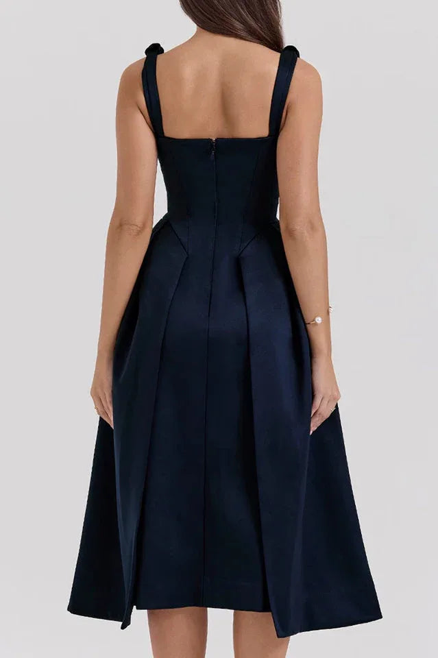 Fitted Satin Midi Dress with V-Neckline - View 12 | TEVQA