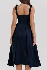 Fitted Satin Midi Dress with V-Neckline - View 12 | TEVQA