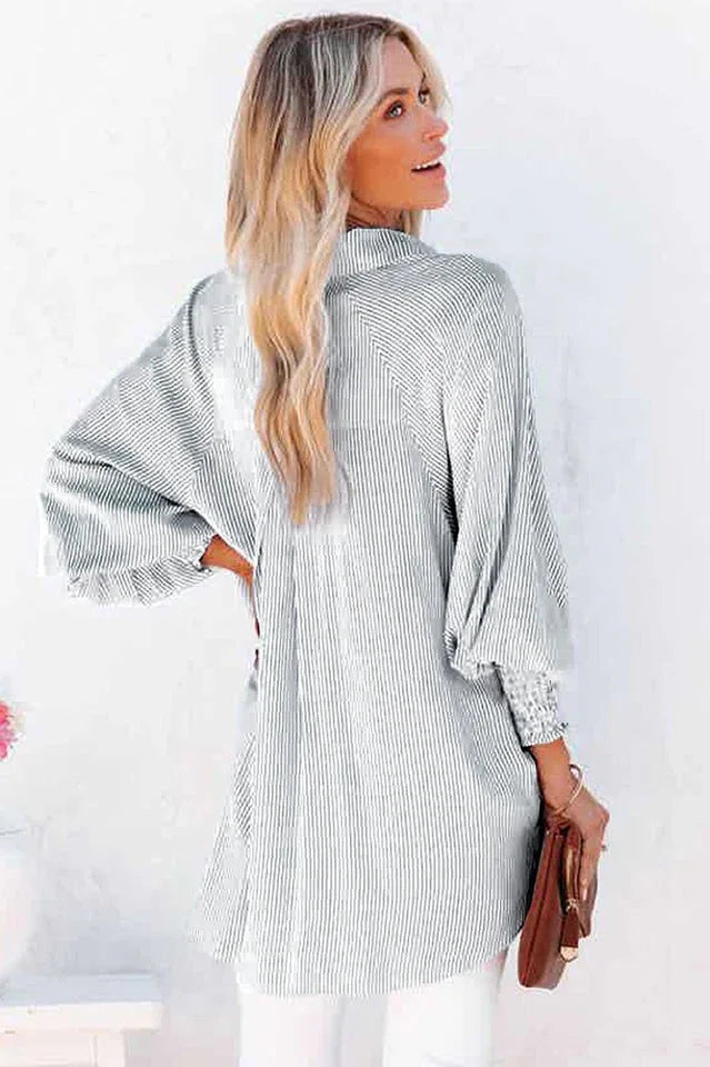 Lavender Striped Smocked Cuff Boyfriend Shirt - View 7 | TEVQA