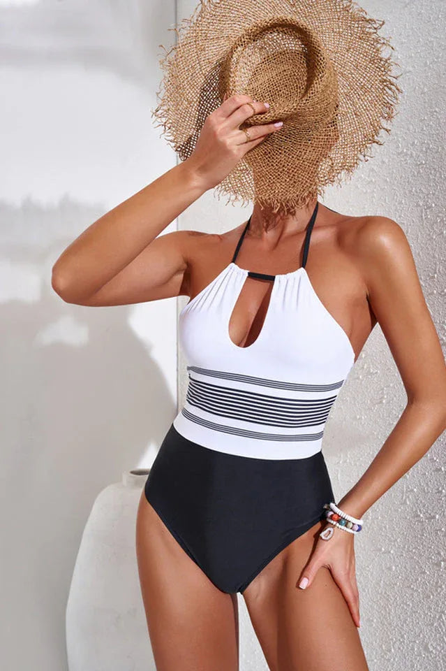 Black/White Striped One Piece Swimsuit - TEVQA