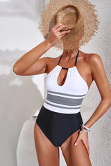 Black/White Striped One Piece Swimsuit - TEVQA