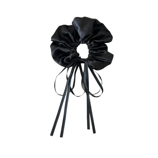 black satin scrunchie with long ribbon ties