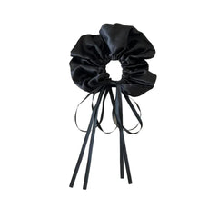 black satin scrunchie with long ribbon ties