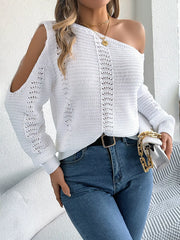 White Hollow Out Cold Shoulder Knit Sweater - TEVQA