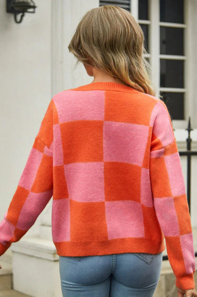 Checkerboard V-Neck Cardigan - View 14 | TEVQA