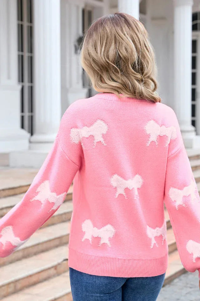 Red Bow Pattern Knit Sweater - View 7 | TEVQA