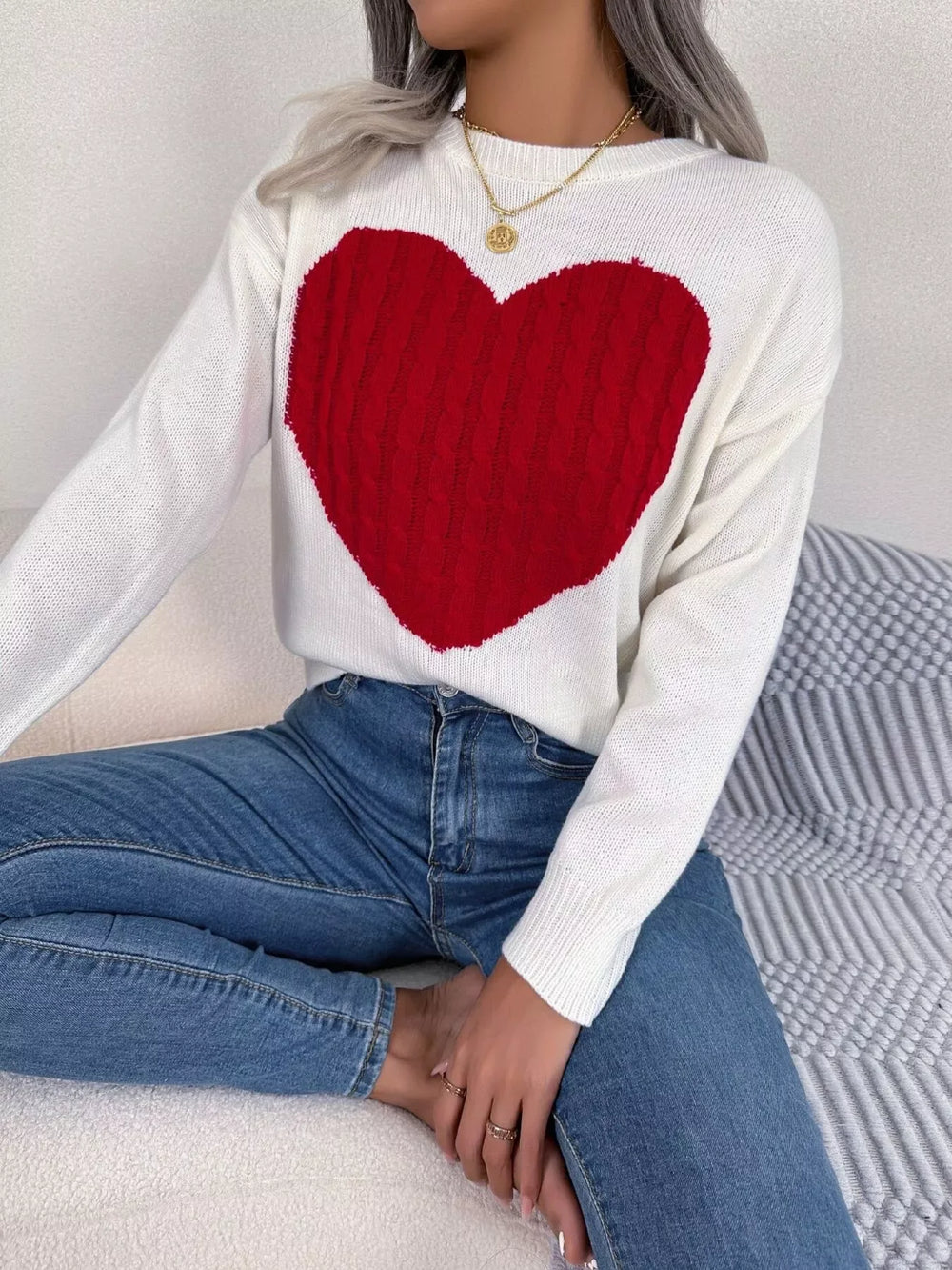 Grey and white cable knit heart sweater - View 15 | TEVQA