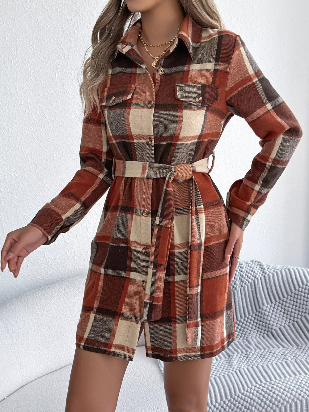 Green Plaid Belted Shirt Dress - View 16 | TEVQA