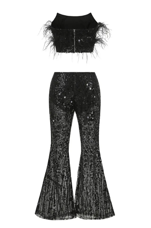 Sequin two-piece set with feather trim and flared leg pants - View 6 | TEVQA
