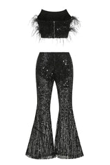 Sequin two-piece set with feather trim and flared leg pants - View 6 | TEVQA
