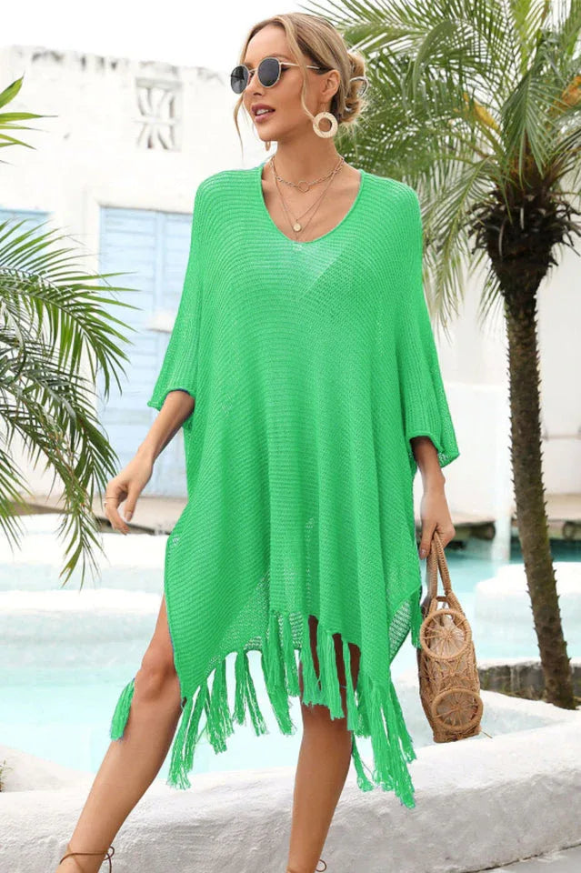 Openwork knit beach cover up with fringe hem - View 25 | TEVQA