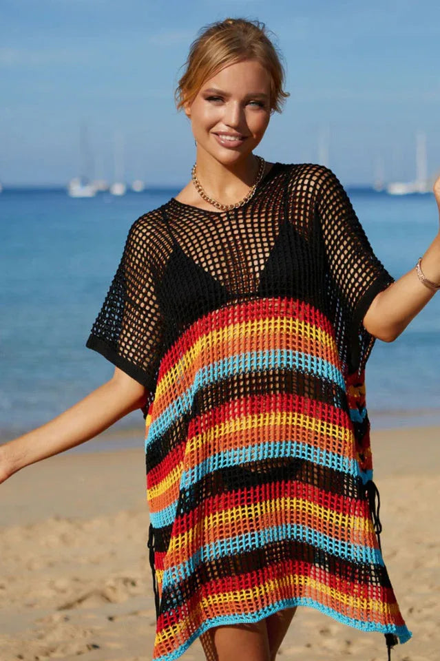 Rainbow Stripe Openwork Slit Cover Up - View 14 | TEVQA