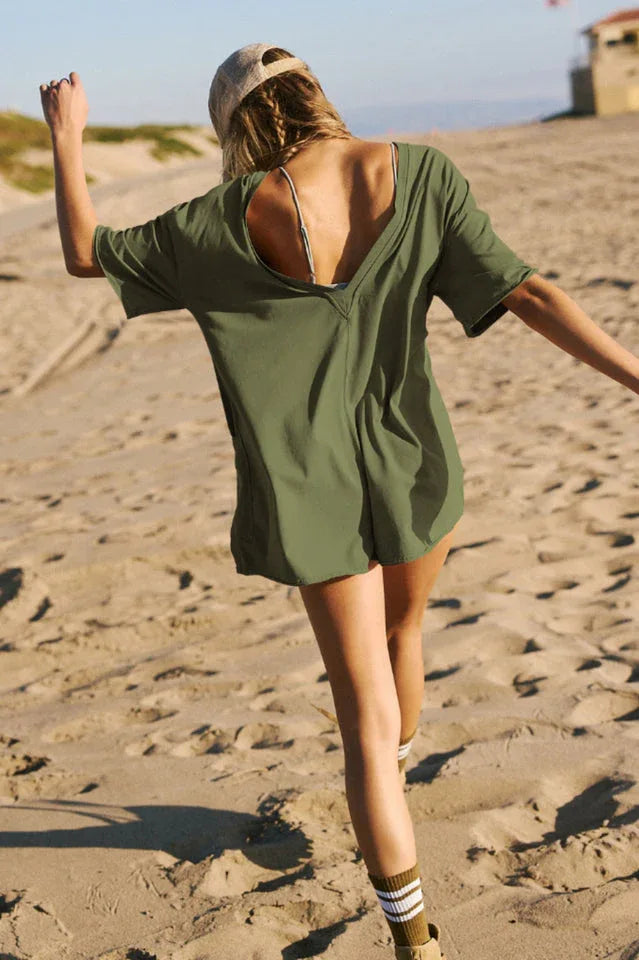 Oversized Crew Neck Romper with Open Back - View 39 | TEVQA