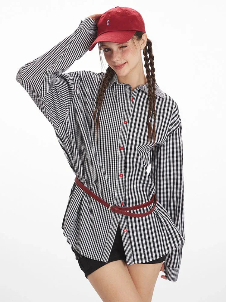 Vintage Inspired Mixed Gingham Oversized Button-Down Shirt - TEVQA