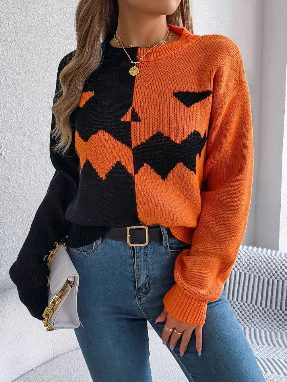 Spooky Chic Split Color Block Pumpkin Sweater - TEVQA