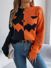 Spooky Chic Split Color Block Pumpkin Sweater - TEVQA
