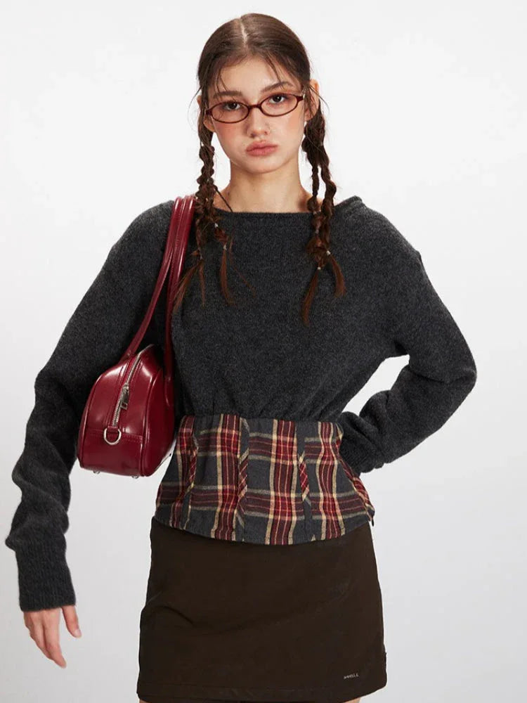 Vintage Plaid Spliced Knit Sweater - TEVQA