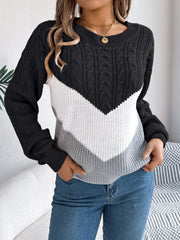 Color Block Cable Knit Sweater - View 10 | TEVQA
