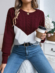 Color Block Cable Knit Sweater - View 15 | TEVQA