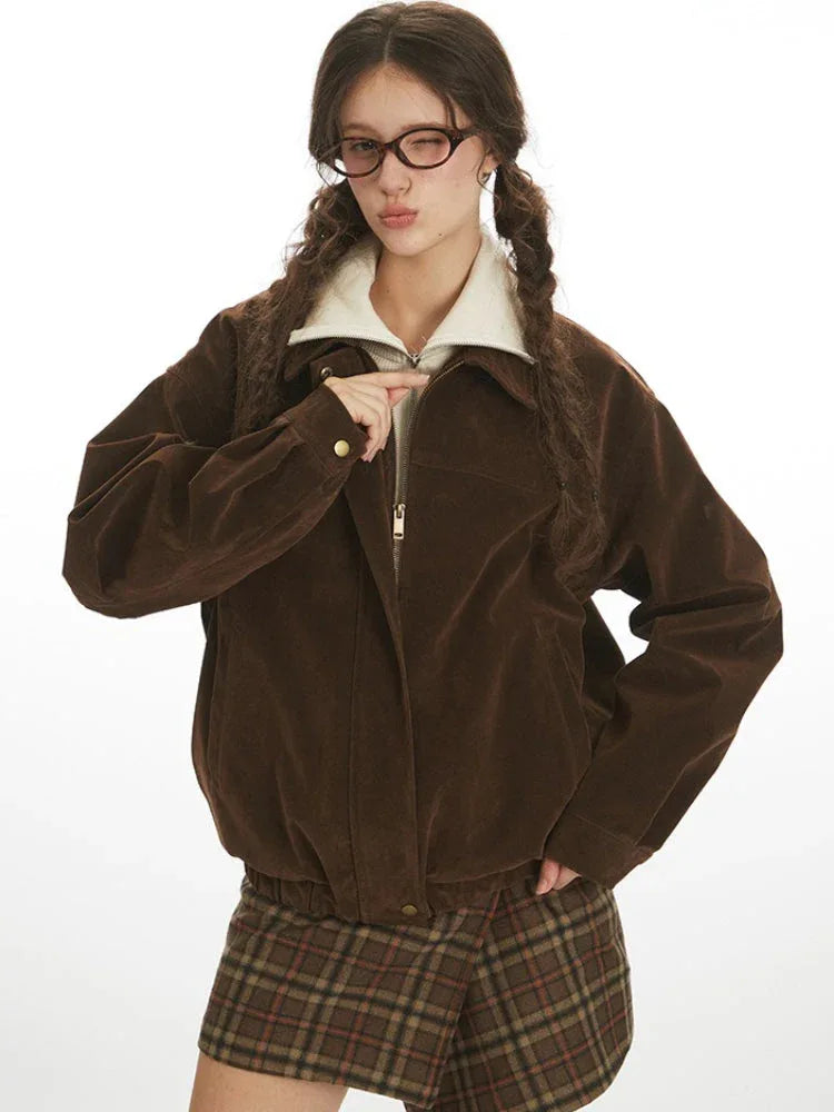 Vintage Chocolate Brown Suede Bomber Jacket - TEVQA