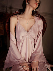 Ethereal Champagne Satin Lace Nightgown & Robe Set