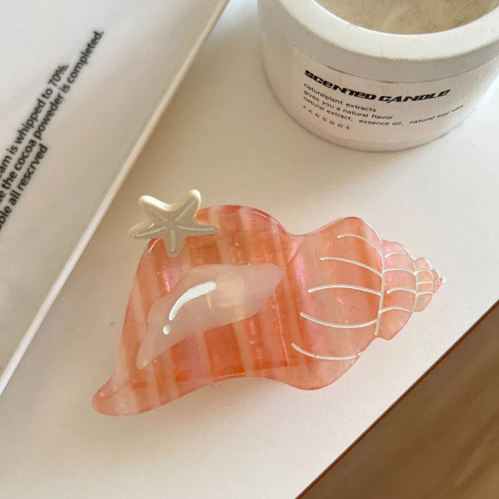 Large acetate conch shell hair claw clip with starfish accent - View 7 | TEVQA