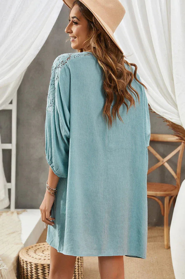 Lace Trim Three-Quarter Sleeve Cover-Up - View 10 | TEVQA