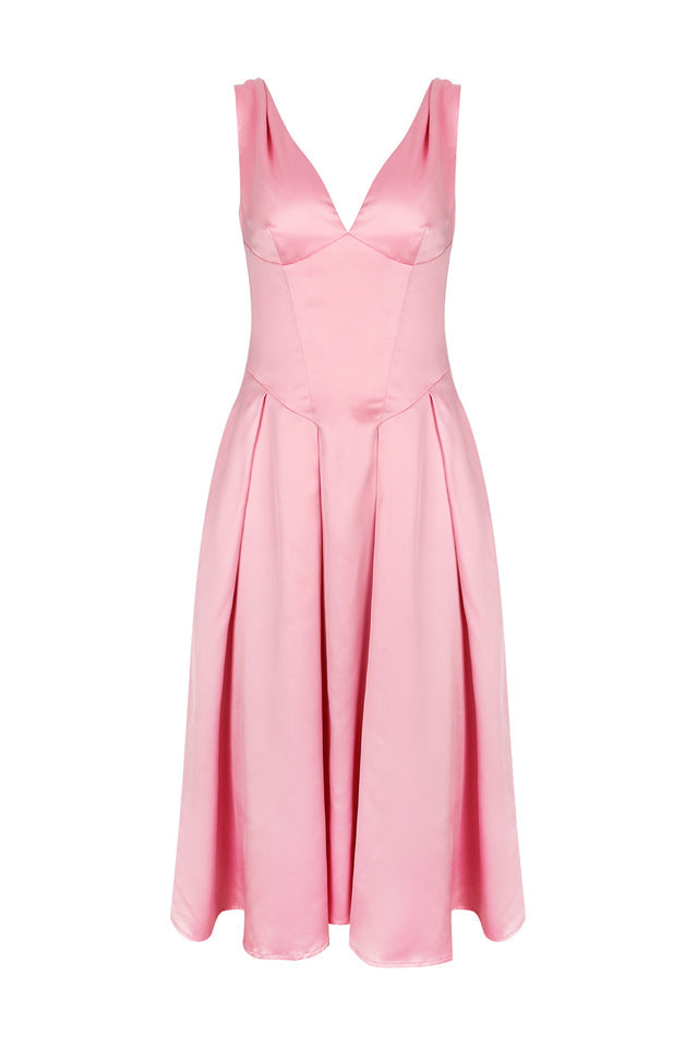 Deep V Neck Cinch Waist Satin Midi Dress | Dress In Beauty