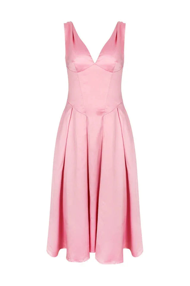 Fitted Satin Midi Dress with V-Neckline - View 13 | TEVQA