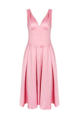Fitted Satin Midi Dress with V-Neckline - View 13 | TEVQA