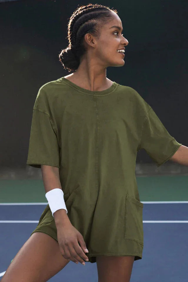 Oversized Crew Neck Romper with Open Back - View 40 | TEVQA