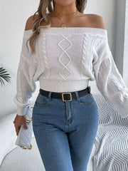Khaki Off-Shoulder Cable Knit Sweater - View 18 | TEVQA