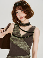 Vintage Grunge Tie-Dye Patchwork Tank Top Brown
