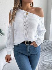 White Hollow Out Cold Shoulder Knit Sweater - TEVQA