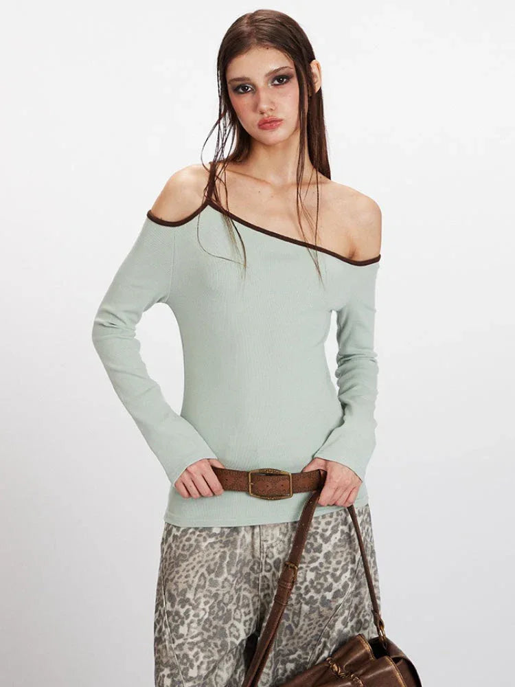Acubi Y2K Soft Sage Asymmetrical Off-Shoulder Top - TEVQA