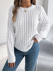 Camel Cable Knit Curved Hem Sweater - TEVQA