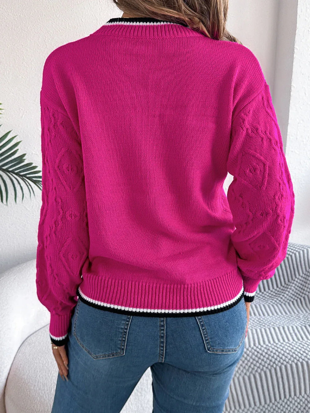 Khaki Textured Knit Sweater - TEVQA